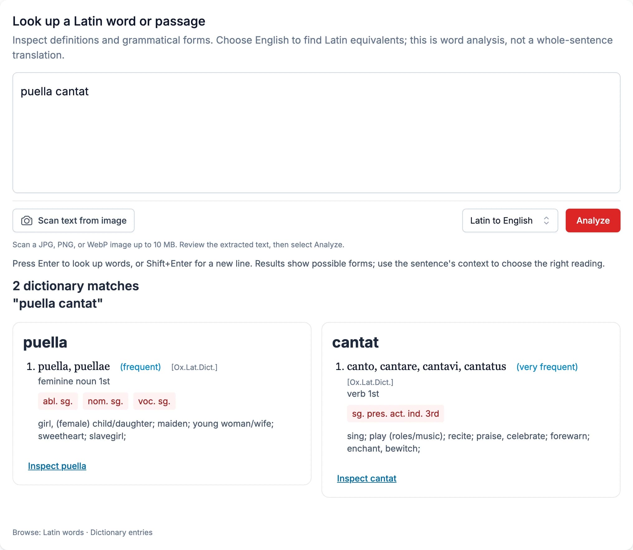 Latin dictionary results showing definitions and possible grammatical forms