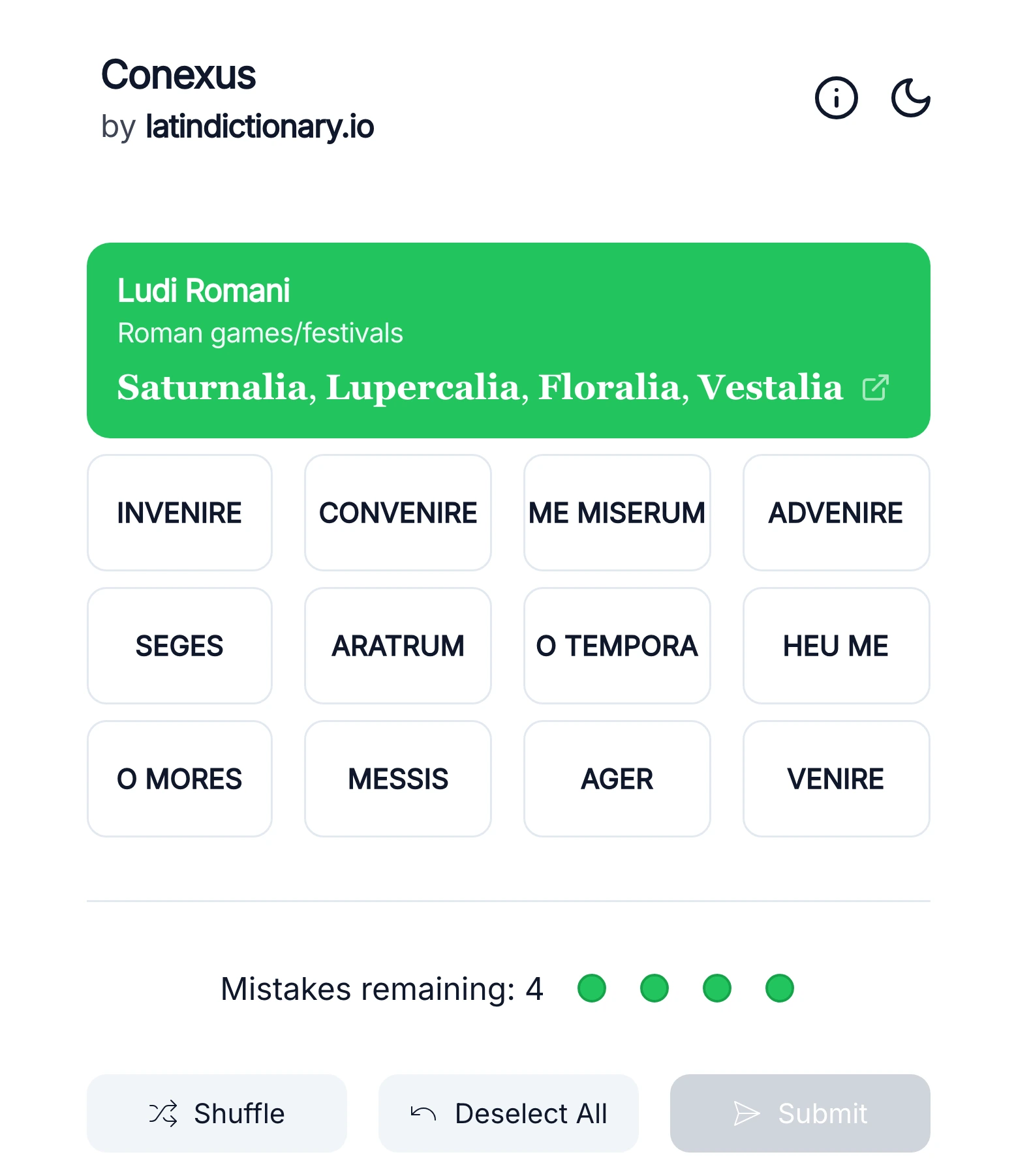 Latin Connections puzzle with groups of related Latin words