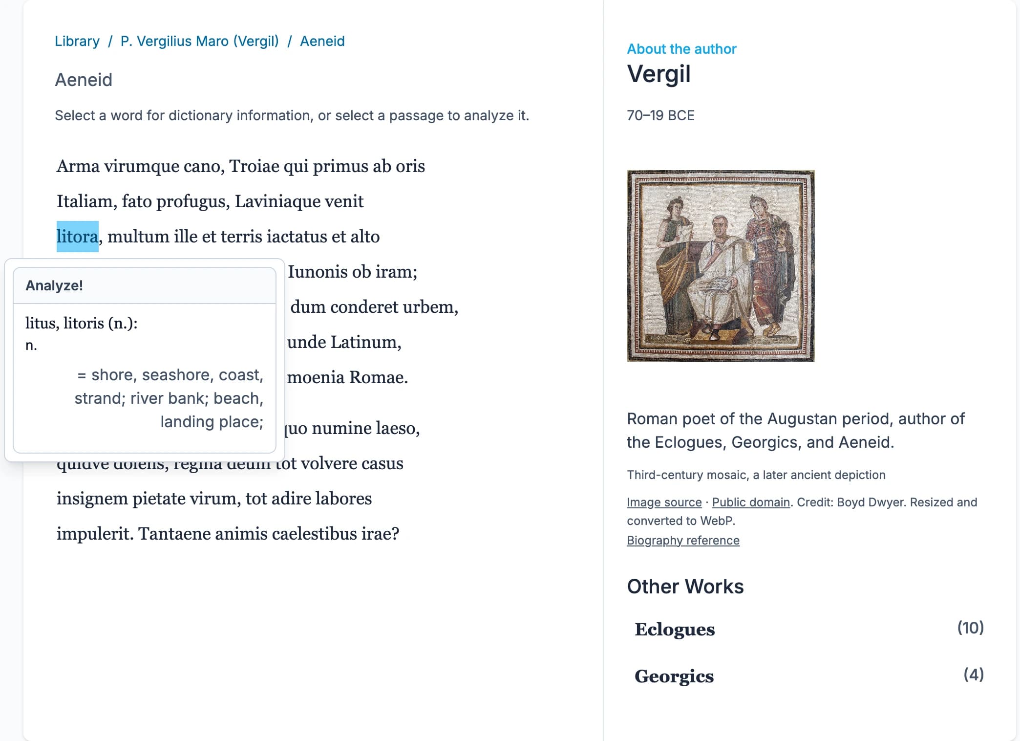 Classical Latin text in the library reader