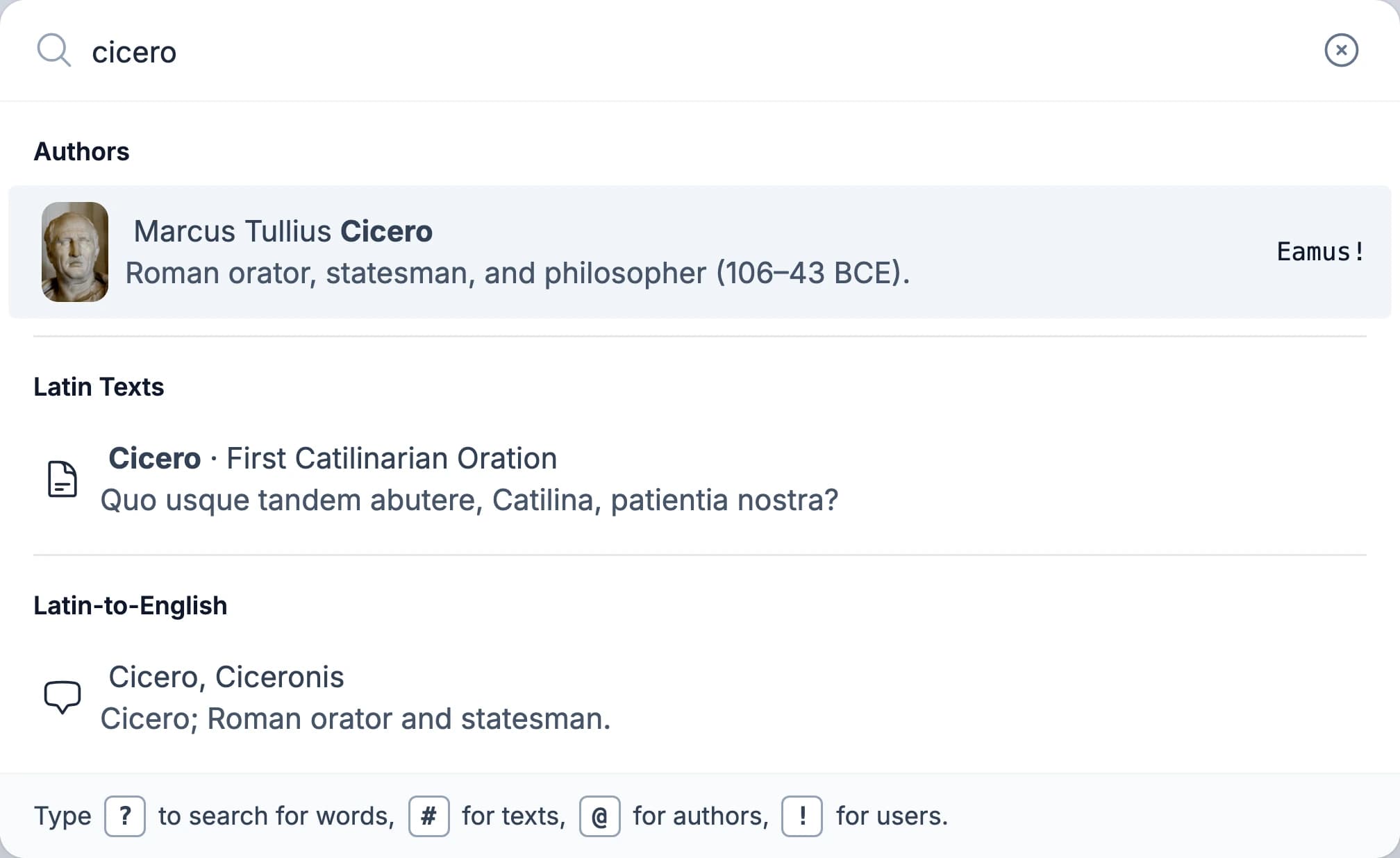 Global search showing Cicero author and dictionary matches